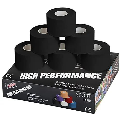 ALPIDEX 6 Rollen Sport Tape Set 3,8 cm x 10 m Gelenk Tapeverband Viele Farben Reißbares Unelastisches Sporttape Hautfreundlich Handball Fußball Volleyball, Farbe:schwarz