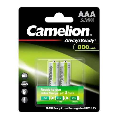 Camelion NiMH-Akku 1,2V 800 mAh Micro AAA - 2er Set - Taschenlampen-Akkus mit Nickel-Metallhydrid-Technologie, immer einsatzbereit und ideal für energieeffiziente Geräte.