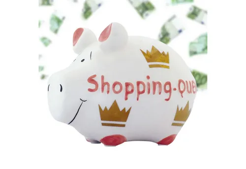 matches21 HOME & HOBBY Spardose Lustige Spardose Sparschwein SHOPPING-QUEEN weiss rosa gold 12,5 cm, Keramik Kinder Erwachsenen Sparbüchse