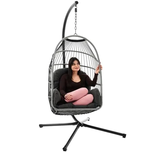 di volio Hängesessel mit Gestell Beluno, Hängestuhl für Indoor & Outdoor, inkl. Kissen, bis 150 kg belastbar, ideal für Garten, klappbar (Grau)