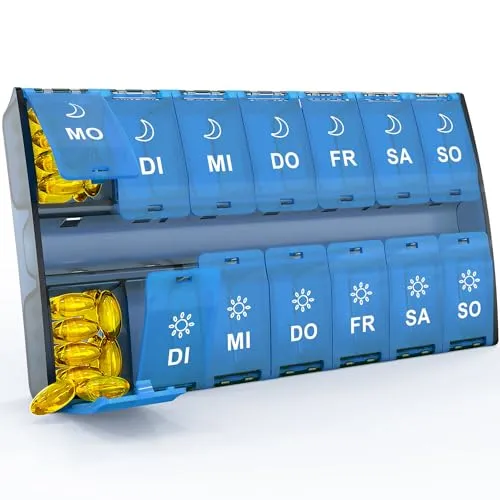 Tablettenbox 7 Tage Morgens Abends, Pillendose 7 Tage 2 Fächer, Medikamentenbox Große Fächer, Pillenbox 14 Tage Für Fischöle, Vitamine, Kapseln(Blau)