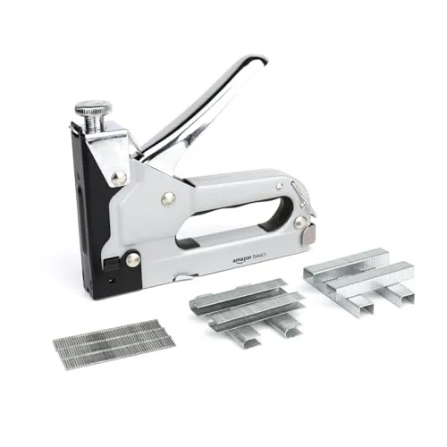 Amazon Basics Strapazierfähiger Handtacker, 3-in-1-Tackerpistole mit 600 Heftklammern, für Polstermöbel, Hausreparatur, Tischlerei, Dekoration und Reparatur von Möbeln, Schwarz