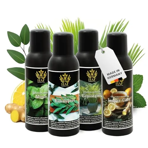 HAF Saunaaufguss Set „Frische Brise“ - 4 x 100ml mit natürlichen ätherischen Ölen - Erleben Sie entspannende Sauna-Momente mit unserem 4er Set, das Eukalyptus, Ingwer-Citro, Lemongras und Minze vereint. Ideal zur individuellen Duftgestaltung und für ein besonderes Saunaerlebnis!
