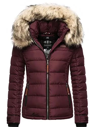 MARIKOO Damen Winterjacke Steppjacke Lerikaa Wine Gr. XL - Funktionsjacken mit abnehmbarem Kunstfell, warm gefüttert und tailliert für perfekten Sitz - ideal für kalte Tage und vielseitige Outfits.