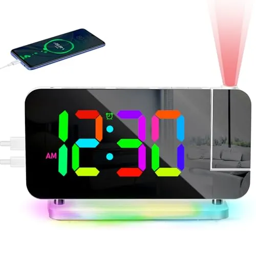 PORFOYO Wecker mit Projektion, Projektionswecker mit RGB-LED Spiegeluhr, 10 Farben Nachtlicht & 180° drehbarer Projektor, Digitaler Wecker mit USB-C, für Schlafzimmer Kinder Büro