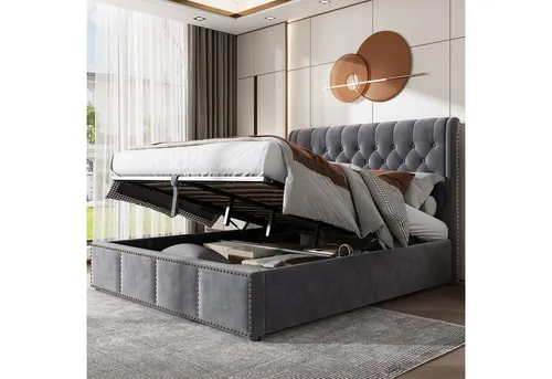 OKWISH Polsterbett mit Samtbezug und Stauraum (140 x 200 cm, ohne Matratze) - Elegantes Polsterbett im minimalistischen Design mit weichem Samtbezug und praktischem Bettkasten für zusätzlichen Stauraum. Ideal für ein gemütliches Schlafzimmer und unkomplizierte Selbstmontage.