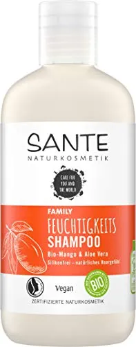 SANTE Naturkosmetik Feuchtigkeits Shampoo Bio-Mango & Aloe Vera, Spendet Feuchtigkeit, Glänzendes Haar, Natürliche Haarpflege für trockenes Haar, Vegan, 250ml