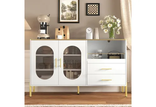 Merax Sideboard mit Kabelmanagement und Stauraum, Weiß mit Goldakzenten