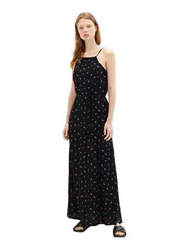 TOM TAILOR Denim Damen 1036843 Maxikleid mit Bindegürtel, 31950-Small Black Flower Print, XS