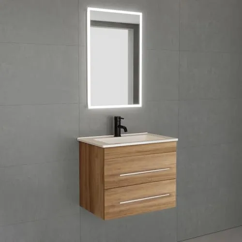 Alpenberger Badezimmermöbel Set mit Waschbecken und Badspiegel mit Beleuchtung | Gäste WC Waschbecken mit Unterschrank 60 cm Breit | Badmöbel für Kleine Bäder mit LED Spiegel Bad (Bamboo Farbe)