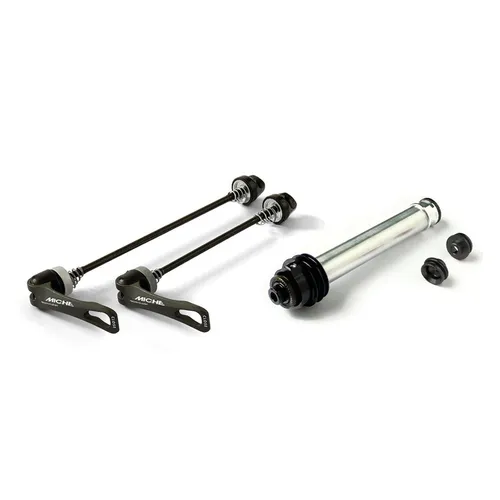 Miche Umbauset von Festachse auf QR, schwarz/silber - Schnellspanner Set für Laufradsätze - Sonstige Fahrradteile - Umrüstung auf QR-System mit hochwertigem Set, inklusive VR- und HR-Schnellspannern sowie Reduzieradaptern für einfache Montage.