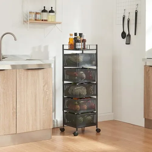 [en.casa] Rollwagen Sunndal - Multifunktionales Küchenregal mit Rädern - Servierwagen aus robustem Stahl mit 5 Ebenen, ideal für Küche, Bad oder Büro. Dank der mobilen Bauweise und ausklappbaren Körbe optimal für flexibles Lagern und Servieren.