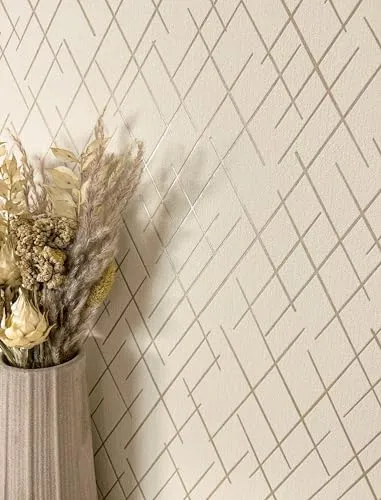 Newroom Tapete Beige Vliestapete Linien - Mustertapete Modern Hellbeige Gold Striche Leicht glänzend Retro Grafisch Grafik-Tapete Metallic inkl. Tapezier-Ratgeber