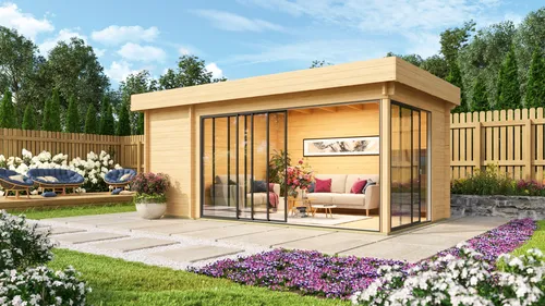 Fjordholz Gartenhaus Alu Concept 70 C – Flachdach Modell - Robustes Gartenhaus mit 70mm starken Wänden aus nordischer Fichte, ideal für jedes Wetter. Inklusive hochwertiger Alu-Schiebetüren und extra hoher Vollholztür, perfekt für individuellen Einsatz im Garten.