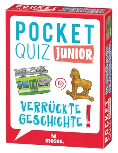 moses. Pocket Quiz junior – Verrückte Geschichte, Kinderquiz mit 100 Fragen und Antworten aus der Geschichte, kompaktes Rate-Quiz für Kinder ab 8 Jahren, unterhaltsames Kartenspiel für unterwegs