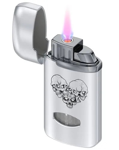 CLICKON Sturmfeuerzeug Winddicht, Jet-Feuerzeug Wiederbefüllbar mit Rosa Flamme & Totenkopf Design, Sichtfenster für Gasstand, 43g Leicht, Geschenk für Männer (Ohne Gas)