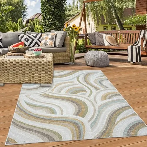Teppich-Traum Teppich für Schlafzimmer Garten Wohnzimmer wetterbeständig pflegeleicht Gemustert elegant vielseitig einsetzbar Creme Multi 120 x 160 cm