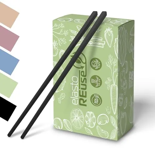 elastoREuse - Essstäbchen spülmaschinenfest aus BPA freiem Kunststoff im 2er Set - Chopsticks to go 25cm für asiatische Speisen wie Sushi, Dumplings, Fried Rice etc. - Stäbchen zum essen (schwarz)