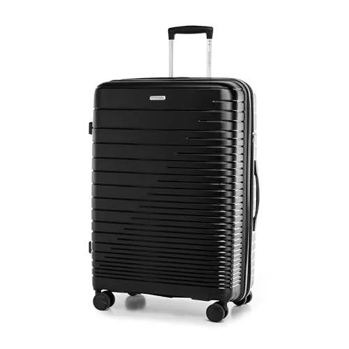 WITTCHEN FUERTA Line Großer Reisekoffer Hartgepäck Erweiterbar Koffer Gepäck aus Polypropylen mit glänzenden Riemen 4 Doppel Lenkrollen Aluminium Teleskopgriff TSA Schloss Größe L Schwarz