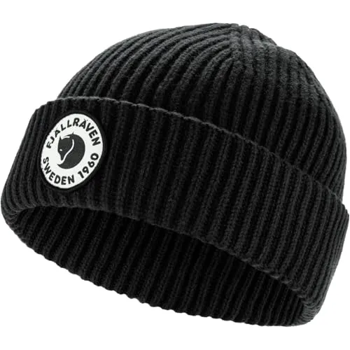 Fjällräven Unisex 1960 Lite Logo Hut, Black, One Size - Stylischer Hut aus nachhaltiger ZQ-Merinowolle und Bio-Baumwolle, ideal für kalte Tage und umweltbewusste Modebewusste.