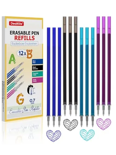 Stück Radierbare Ersatzminen, Kompatibel mit Legami - [ 3x Blau + 3x Schwarz + 3x Türkis + 3x Violett] - 0,7mm Thermoempfindliche Radiertinte Nachfüllminen Tintenroller für Kreatives Schreiben 12