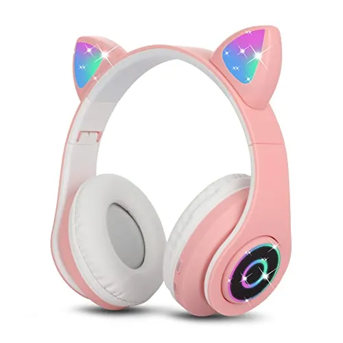 Sendowtek Bluetooth Kopfhörer für Kinder Mädchen Over Ear Niedlich Katzenohren LED Licht Kabellos Kopfhörer für Kinder Jungen Erwachsene Tablet/PC/Phone
