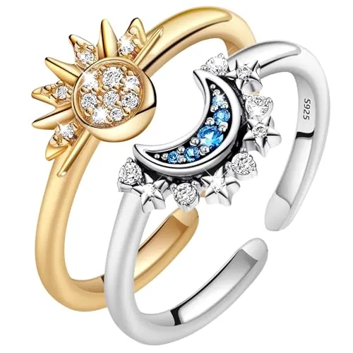 Tonsunul Sonne Mond Ringe Set, Sun and Moon Ring Set Freundschaftsring GoldSonne und Moon Partner Ringe Frauen, Silber 925 Dupes Schmuck, Valentinstag für Ehefrau, Geliebte, beste Freundin Geschenk