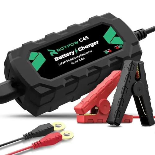 RoyPow 12V LiFePO4 Lithium-Batterieladegerät 3A - Batterieladegeräte & Anlasser: 3A Tropfladegerät für 12V LiFePO4 Akkus, weckt leere Batterien auf und verlängert die Lebensdauer mit umfassendem Schutz.
