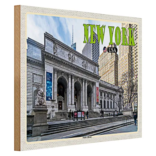 Holzschild Reise 40x30cm New York USA Public Library Bibliothek
