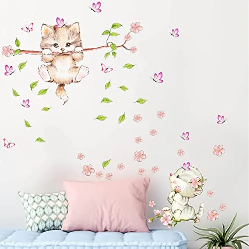 WANDKIND Katze auf dem Ast Wandtattoo V333 | handgezeichnete Wandsticker für Kinderzimmer - Kreatives Wandtattoo mit Katzenbabys, ideal für das Kinderzimmer. Hergestellt in Deutschland aus ungiftigen Materialien, einfach anzubringen und zu entfernen. Perfekte Deko für eine liebevolle Umgebung.