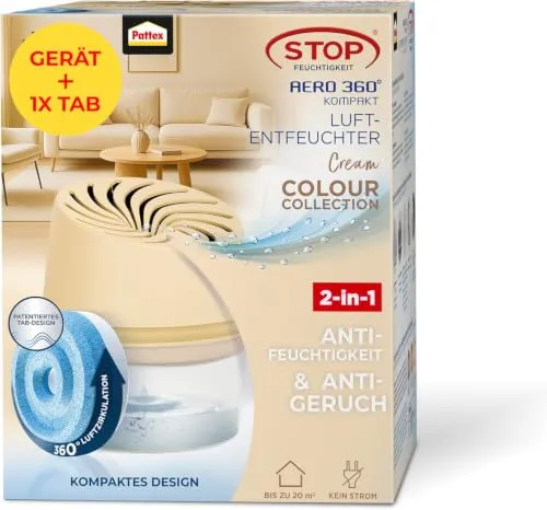 Pattex AERO 360° Kompakt Luftentfeuchter Cream, 1 Gerät inkl. 1 Tab | 360°-Lufttunnel für effiziente Zirkulation, Aktiv-Kristalle mit Antigeruchsmittel, ohne Strom, für Räume bis 20m²