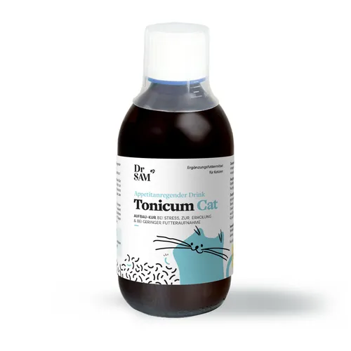 Dr. SAM Tonicum Cat Drink - Hochwertiges flüssiges Ergänzungsfutter für Katzen, ideal zur Unterstützung in schwierigen Zeiten. Die leicht verdauliche Formel fördert die Nahrungsaufnahme und liefert wichtige Nährstoffe für Ihre Katze.