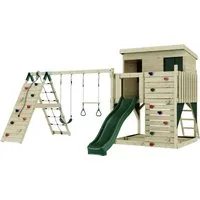 PolarPlay Spielturm Aksel aus Holz in Grün mit Trapezstange - Schaukeln und Klettern für Kinder, robustes Holzdesign und kreative Spielmöglichkeiten für stundenlangen Spaß im Freien.