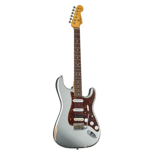 Fender '63 Stratocaster HSS RW Relic Inca Silver E-Gitarre - Handgefertigte E-Gitarre mit einzigartigem Relic-Finish in Inca Silver. Ideal für vielseitige Klänge dank HSS-Tonabnehmerbestückung. Perfekt für Gitarristen, die Vintage-Charme und moderne Features schätzen.