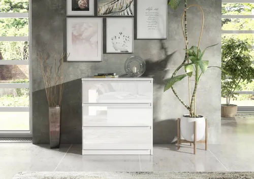 Raumhirsch Furniture Kommode in Weiß und Schwarz Hochglanz - Moderne Kommode mit drei geräumigen Schubladen für optimalen Stauraum. Ideal für Schlafzimmer, Wohnzimmer oder Flur. Minimalistisches Design und leichtgängige Rollenschienen sorgen für einen hohen Bedienkomfort.