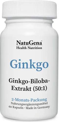 NatuGena Ginkgo | 60 Kapseln | Hochwertiger Ginkgo-Biloba-Extrakt - Nahrungsergänzungsmittel mit 120 mg Ginkgo-Biloba-Extrakt (50:1) pro Tagesdosis, vegan und ohne künstliche Zusatzstoffe für höchste Qualität und Reinheit.