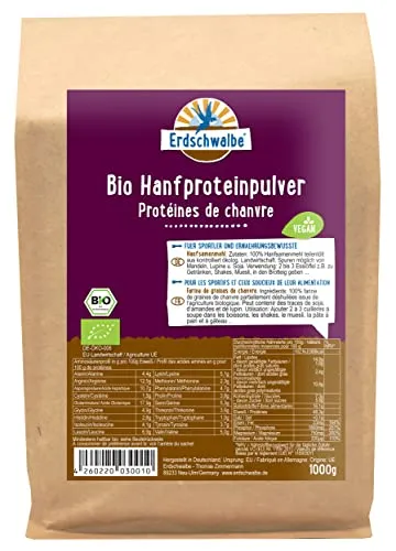 Erdschwalbe Bio Hanf Proteinpulver 1kg - Veganes Proteinpulver mit hohem Gehalt an Zink, Eisen und Magnesium. Ideal für Sportler, Vegetarier und Veganer. Unterstützt den Energiestoffwechsel und Muskelapparat.