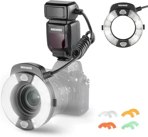Produktbild NEEWER RF1-N Makro Blitz Ring Blitzlicht für Nikon Kamera 76W GN15 5600K TTL Beleuchtung 1-1/128 Ausgang Vordere/Hinterevorhang Sync Farbgele Objektiv Adapter Ringe für Makro Fotografie Studiofotos