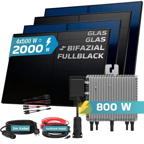 SUNNIVA Balkonkraftwerk 2000 W mit DEYE 800 W Wechselrichter - Effizientes Balkonkraftwerk mit 2000 W Leistung und 800 W Mikrowechselrichter. Ideal für Balkon, Terrasse oder Garten. Bifaziale Solarmodule maximieren die Energieausbeute.