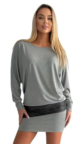 Mississhop 95-31 Damen Minikleid - Festliches Glitzer Kleid in Grau - Elegantes Freizeitkleid für Damen mit edlem Glanz- und Matt-Kontrast, ideal für jeden Anlass. Hergestellt in der EU, bietet es hohen Tragekomfort und eine perfekte Passform.