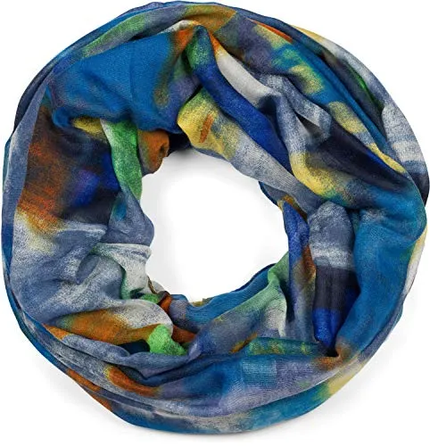 styleBREAKER Damen Loop Schal mit abstraktem Pinselstrich Muster, Schlauchschal mehrfarbig bunt, Tuch 01017130, Farbe:Blau-Orange-Gelb