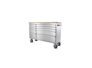 Ondis24 Edelstahl-Werkstattwagen mit XL-Massivholzarbeitsplatte - Werkbänke mit 10 geräuscharmen Schubladen und hervorragender Mobilität dank Schwerlastrollen, ideal für professionelle Anwendungen.