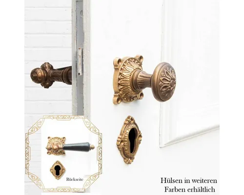 Antikas Türbeschlag mit Porzellanklinke & Knauf aus Messing - Eleganter Türbeschlag für Zimmertüren im Antik-Stil, ideal für historische Renovierungen. Hochwertige Materialien und ansprechendes Design machen ihn zum Blickfang.