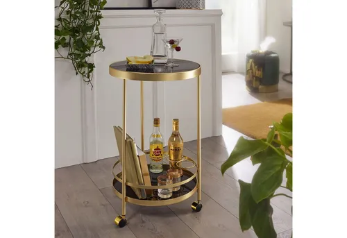 FineBuy Design Servierwagen Gold Rund Ø 45cm - Mobiler Butler für Ihre Küche - Stylischer Servierwagen mit 2 Ebenen aus Sicherheitsglas, ideal zum Servieren von Getränken oder Frühstück im Bett. Perfekt für elegante Anlässe und als Deko-Highlight.