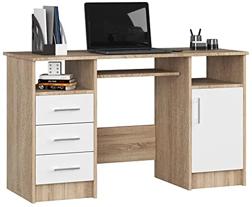 AKORD Schreibtisch ANA 124 cm | Praktischer Office Desk mit 3 Schubladen - Schreibtisch mit 1 Tür und 3 Schubladen, ideal für kleine Räume. Bietet viel Stauraum und Beinfreiheit, pflegeleichte Oberfläche für einfachen Reinigung.