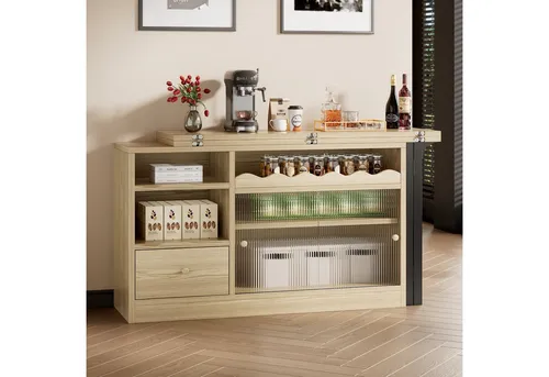 OKWISH Bartisch Sideboard 120x75x40 cm mit klappbarem Ausziehtisch und Stauraum (Packung, 1-St., moderner beweglicher Esstisch,Klapp-Esstisch, Natur+Schwarz), Esstisch mit großem Stauraum, 360° drehbar