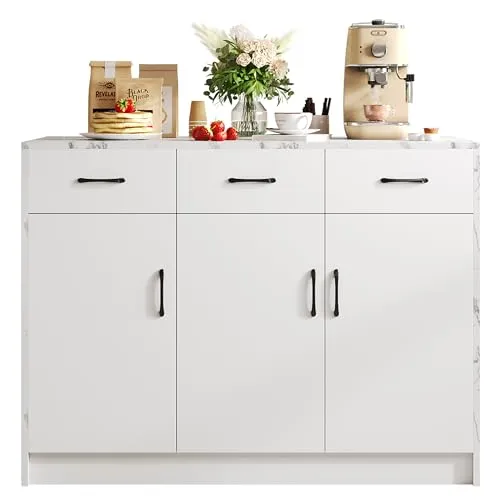 xixiworkshop Große Kücheninsel 3 Schubladen und 3 Türen, weißes Marmordesign, verstellbare Einlegeböden, geräuschlose Schubladen, Barbereich-Design