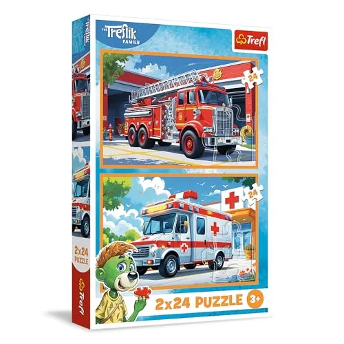 Trefl – 2in1 Puzzle: The Treflik Family, Feuerwehr und Krankenwagen - 2 x 24 Teile, Zweier-Puzzle-Set für Kinder ab 3 Jahren