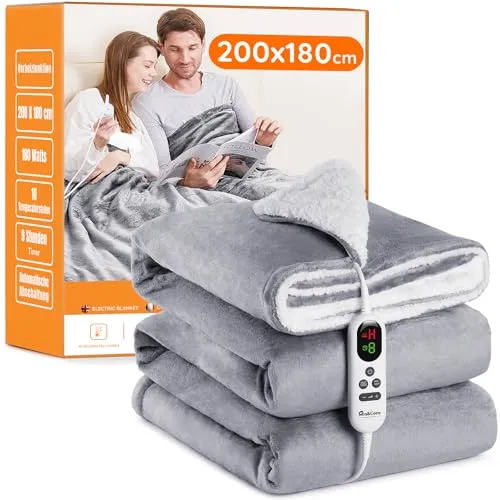Heizdecke mit Abschaltautomatik, 200x180cm 10 Heizstufen 1~9 Stunden Auto-Off-Timer Überhitzungsschutz, Elektrische Wärmedecke Bett Wärme Decke ETL für Home & Office Schnelle Flanell Waschbar Grau