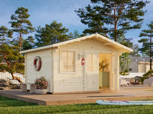 Gartenhaus Holz 28mm EMMA 380x320cm - Robustes Gartenhaus aus 28mm Holz mit großzügiger Fläche von 10,1 - 24 m², ideal zur Aufbewahrung von Geräten oder als gemütlicher Rückzugsort.